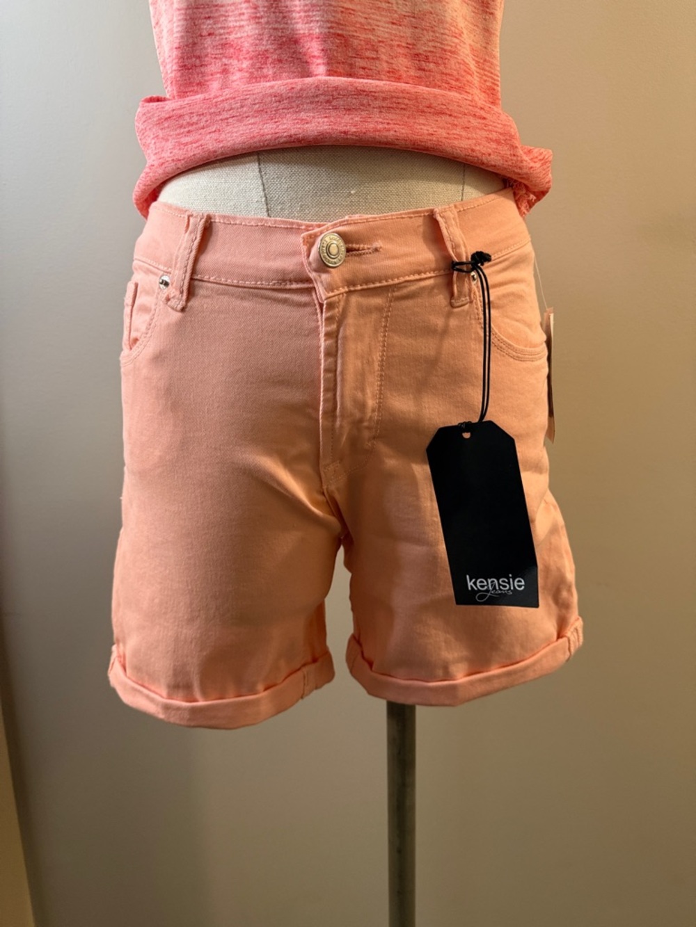 kensie Peach Roll-Cuff Denim Shorts